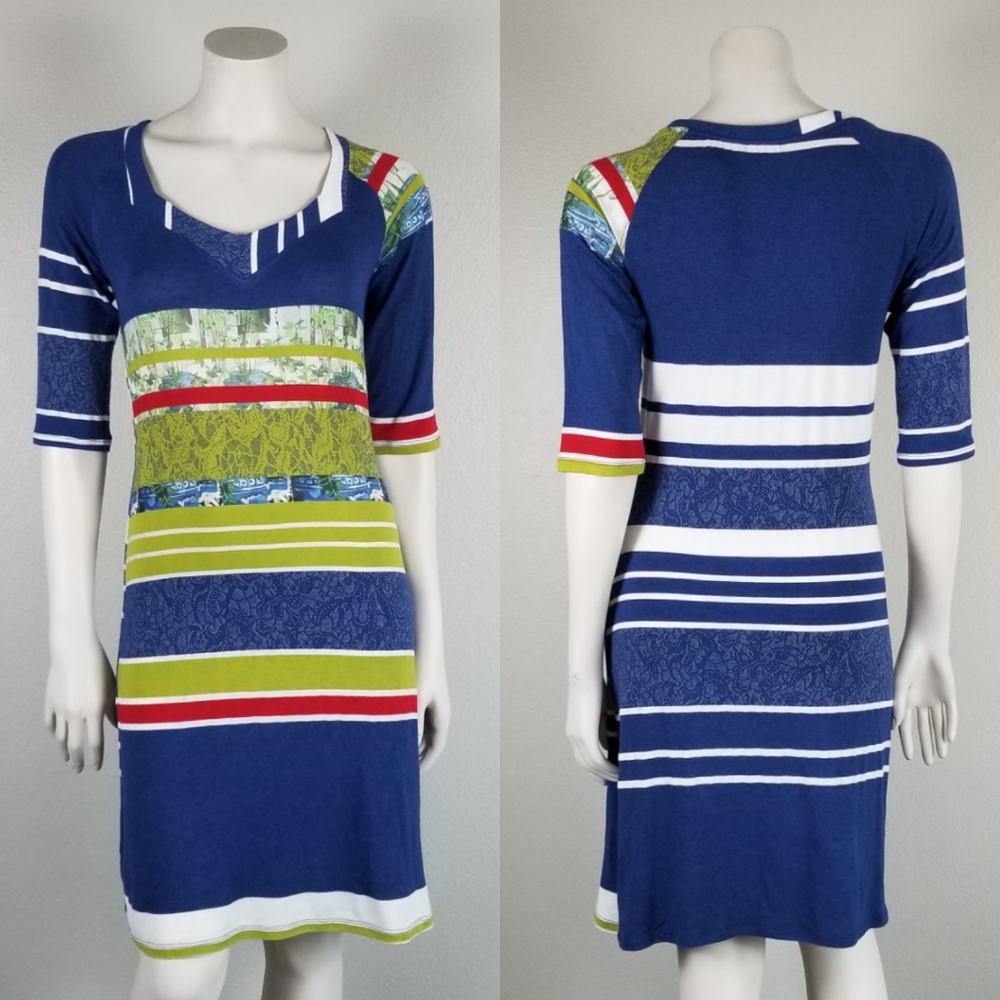 Aventures des Toiles Blue/Green Art to Wear Shift Midi Viscose Dress Size 36/6